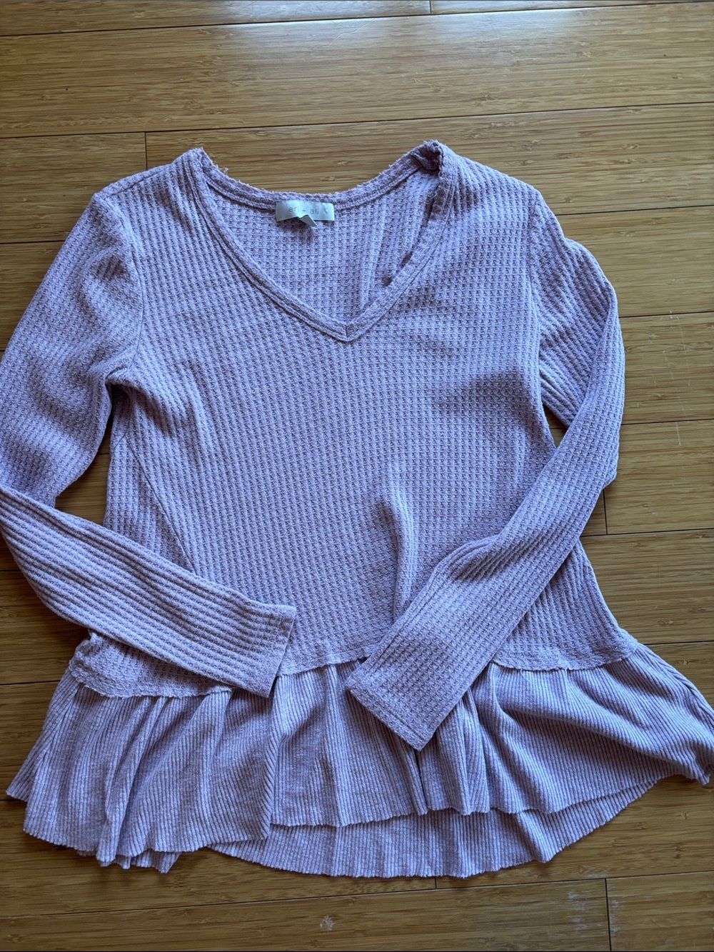 Lavender Waffle-Knit V-Neck Long Sleeve Peplum Top